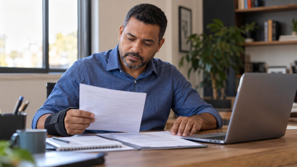 Trabalhador com órtese no punho analisa documentos em uma mesa com notebook.